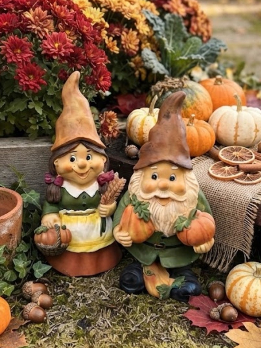 Autumn Gnome Couple Garden Statues - Fall Orange & Green